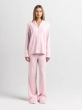 SKIMS Sleep Long Sleep Set Bloom Pink Button Down Pajamas Womens Lange